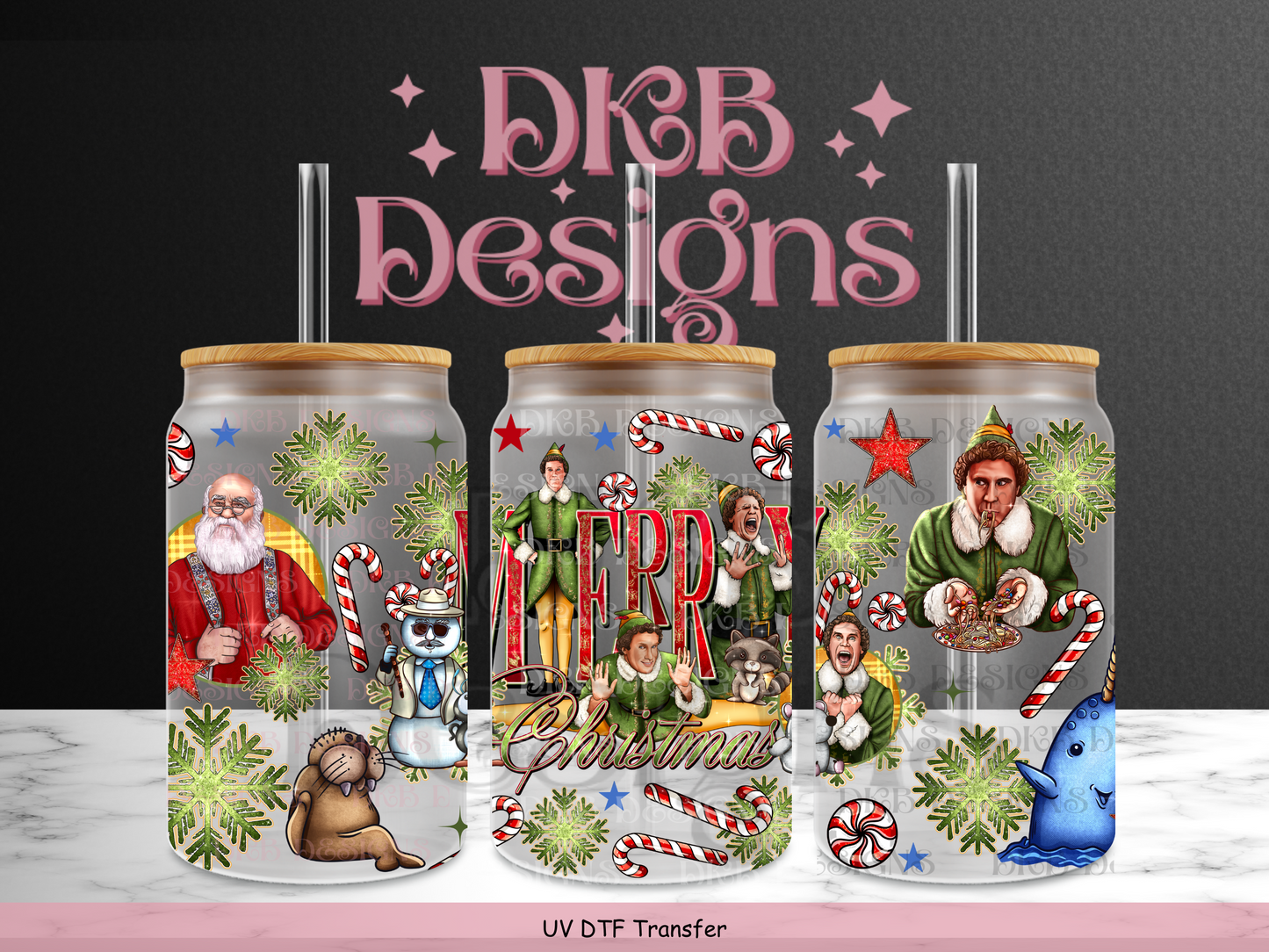 Buddy Merry Christmas 16oz glass can UV DTF