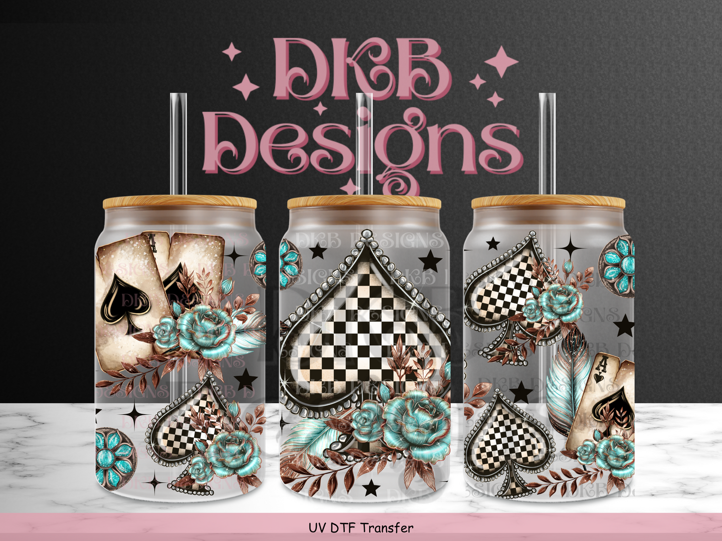 Checker spade 16oz glass can UV DTF