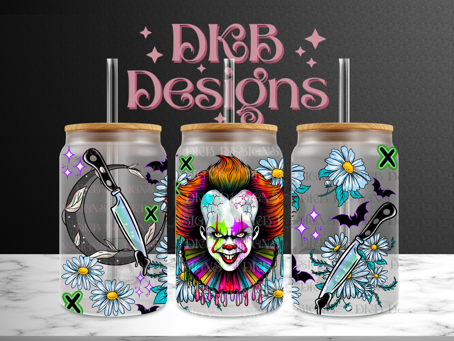 Floral horror 16oz glass can UV DTF