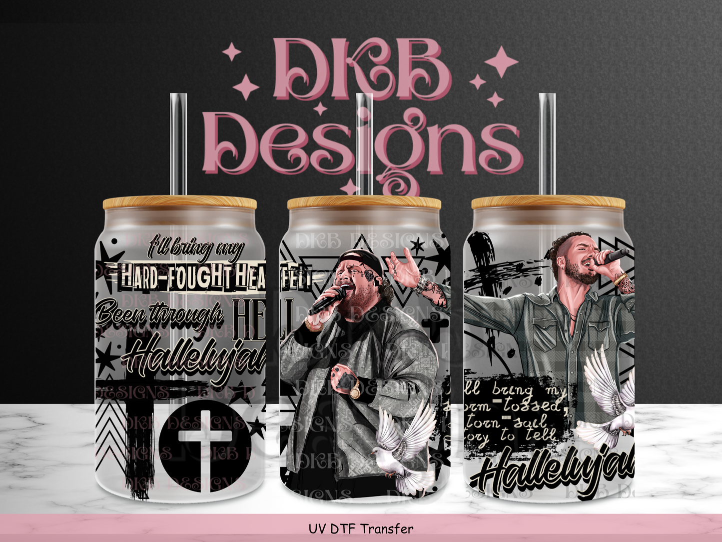 Hallelujah 16oz glass can UV DTF