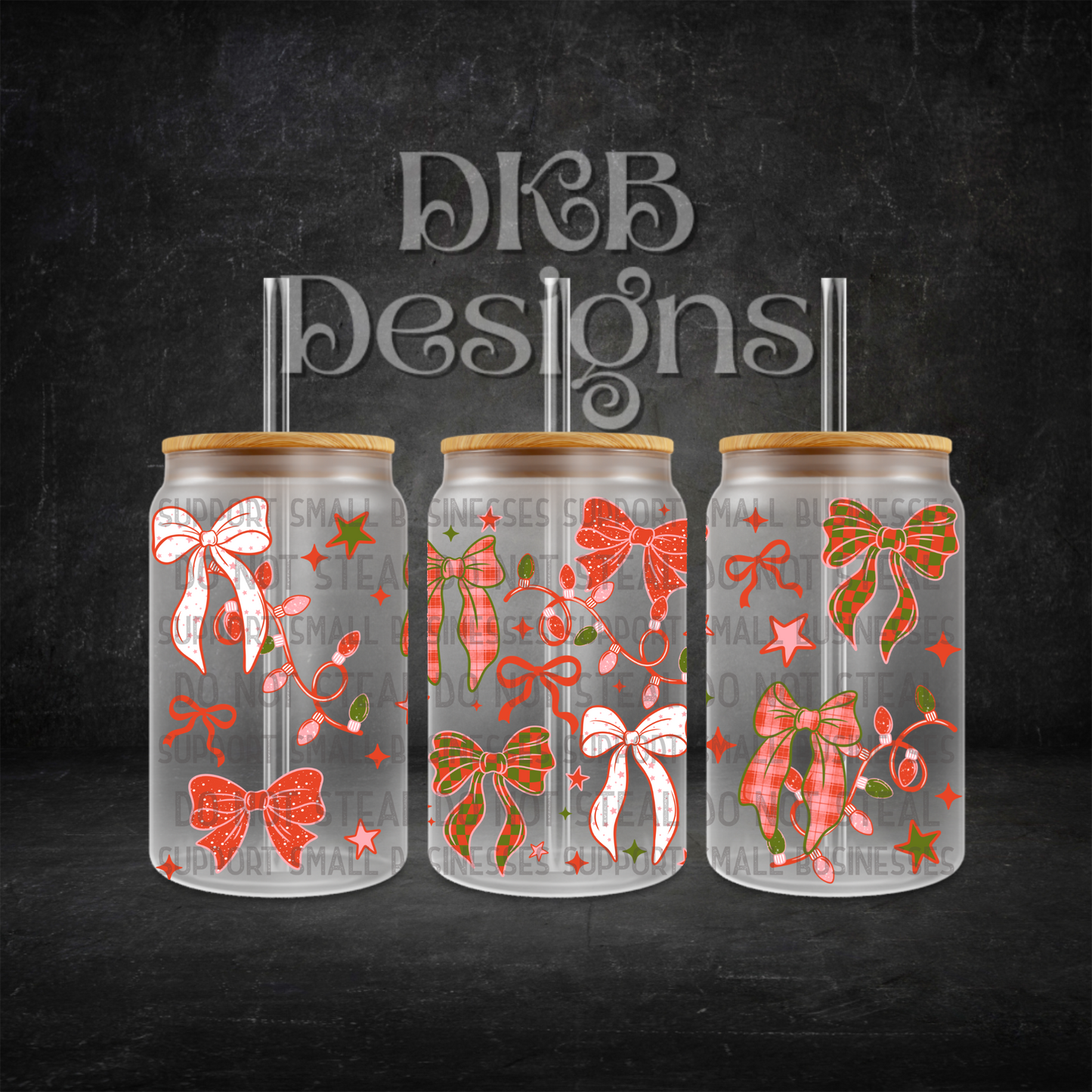 Christmas bows 16oz glass can UV DTF