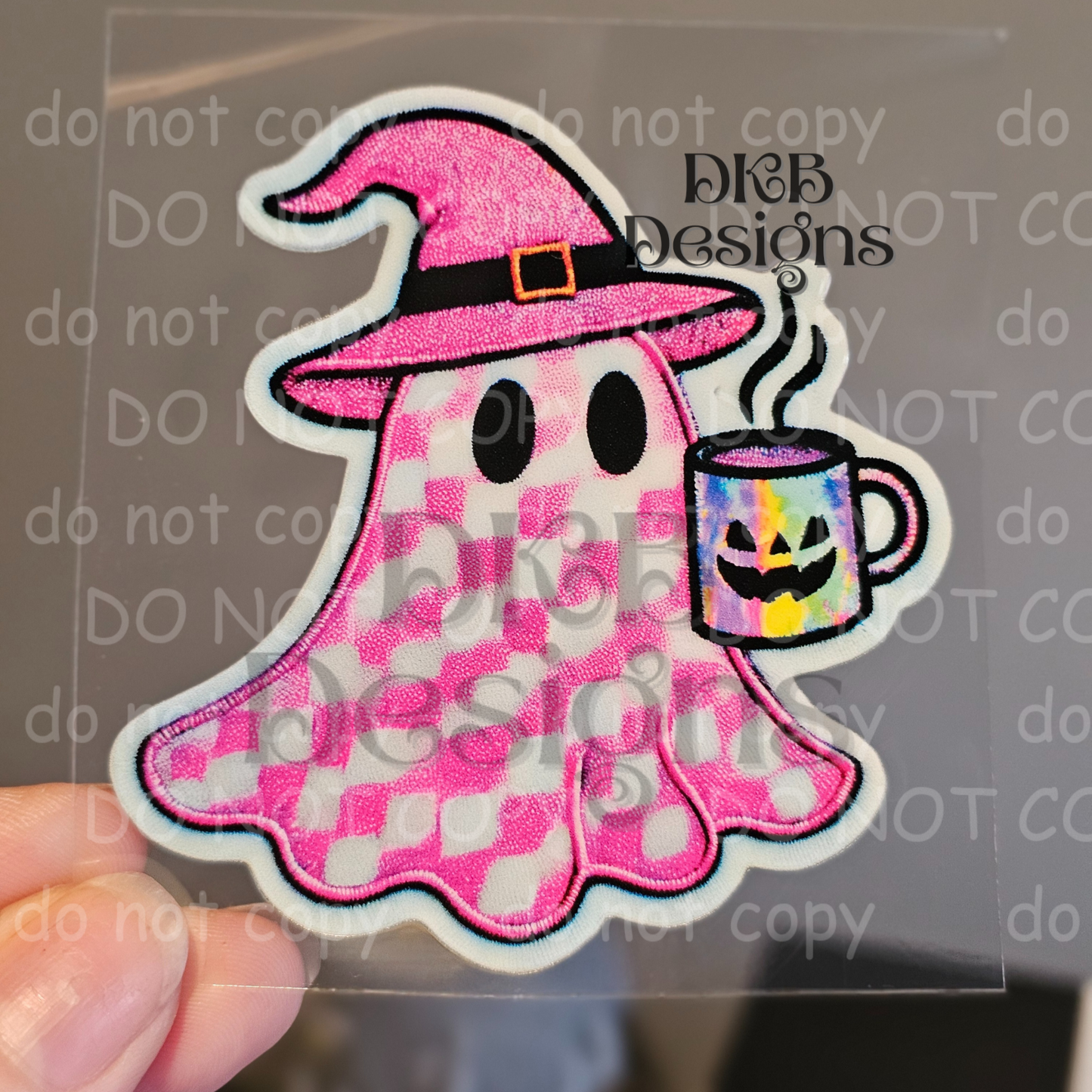 Pink checkered ghost (faux embroidery) UV DTF