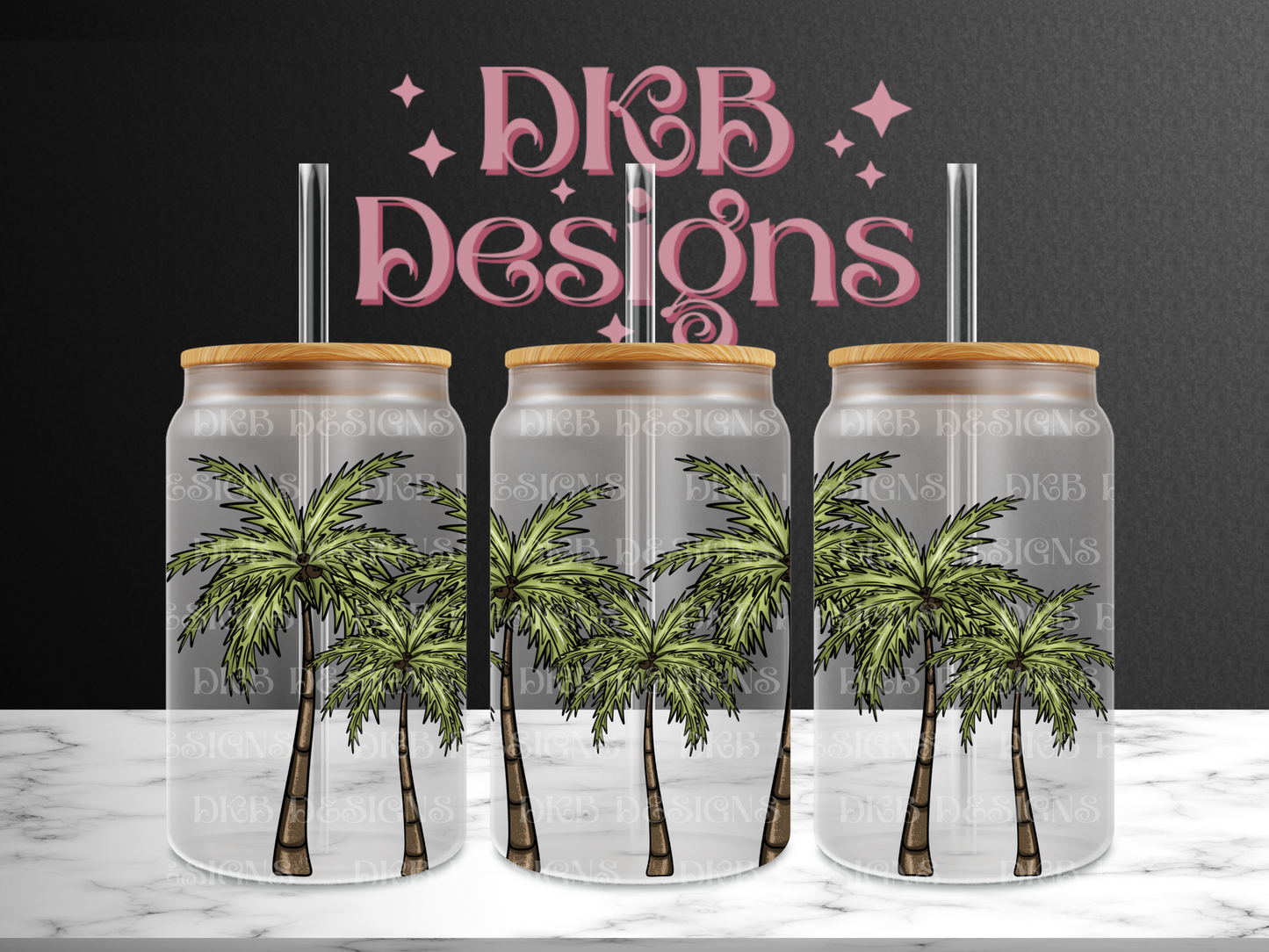 Palm trees 16oz glass can UV DTF