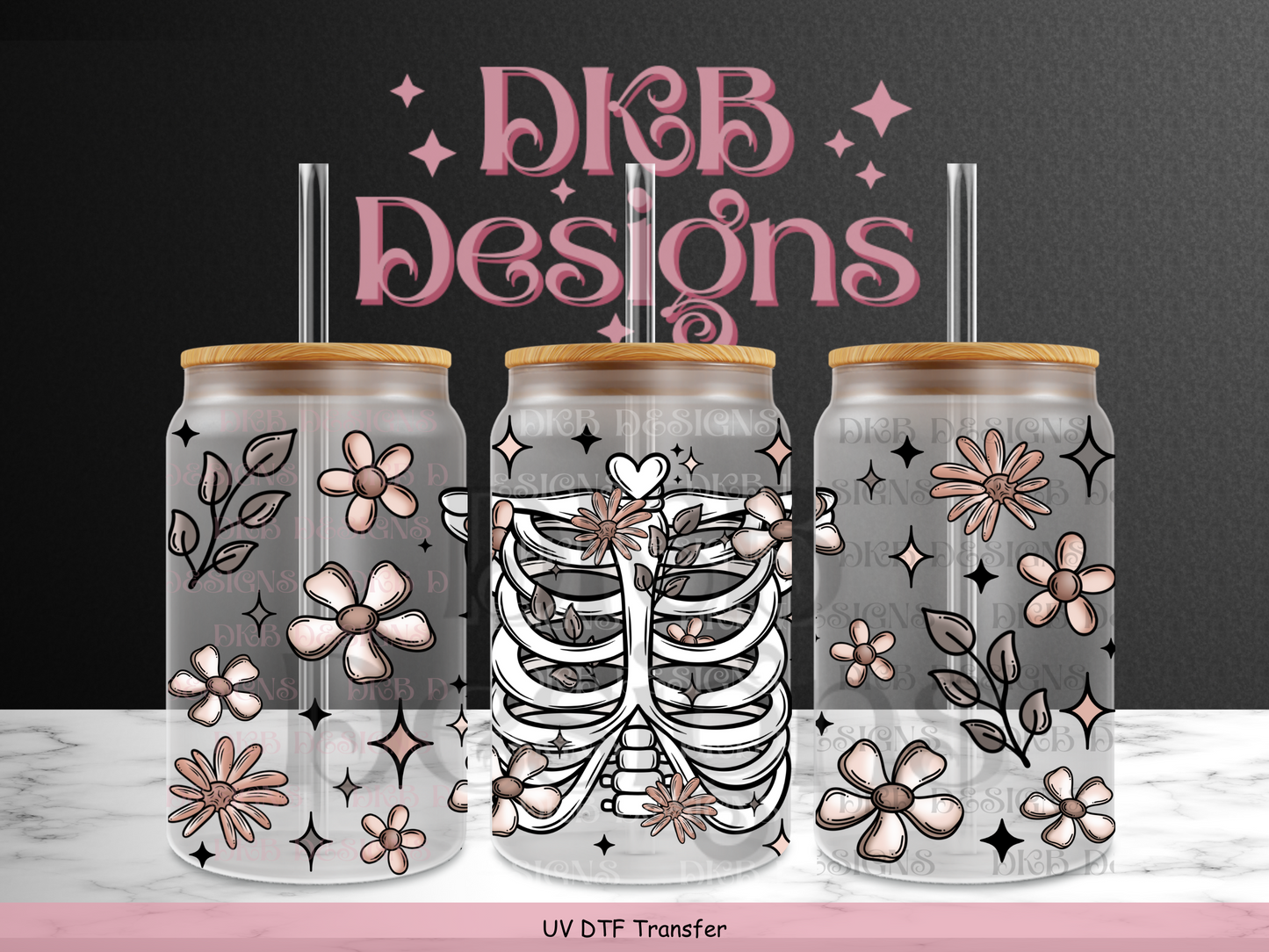 Floral ribcage 16oz glass can UV DTF