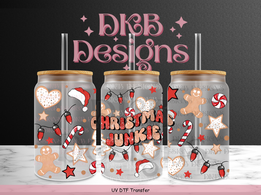 Christmas junkie 16oz glass can UV DTF