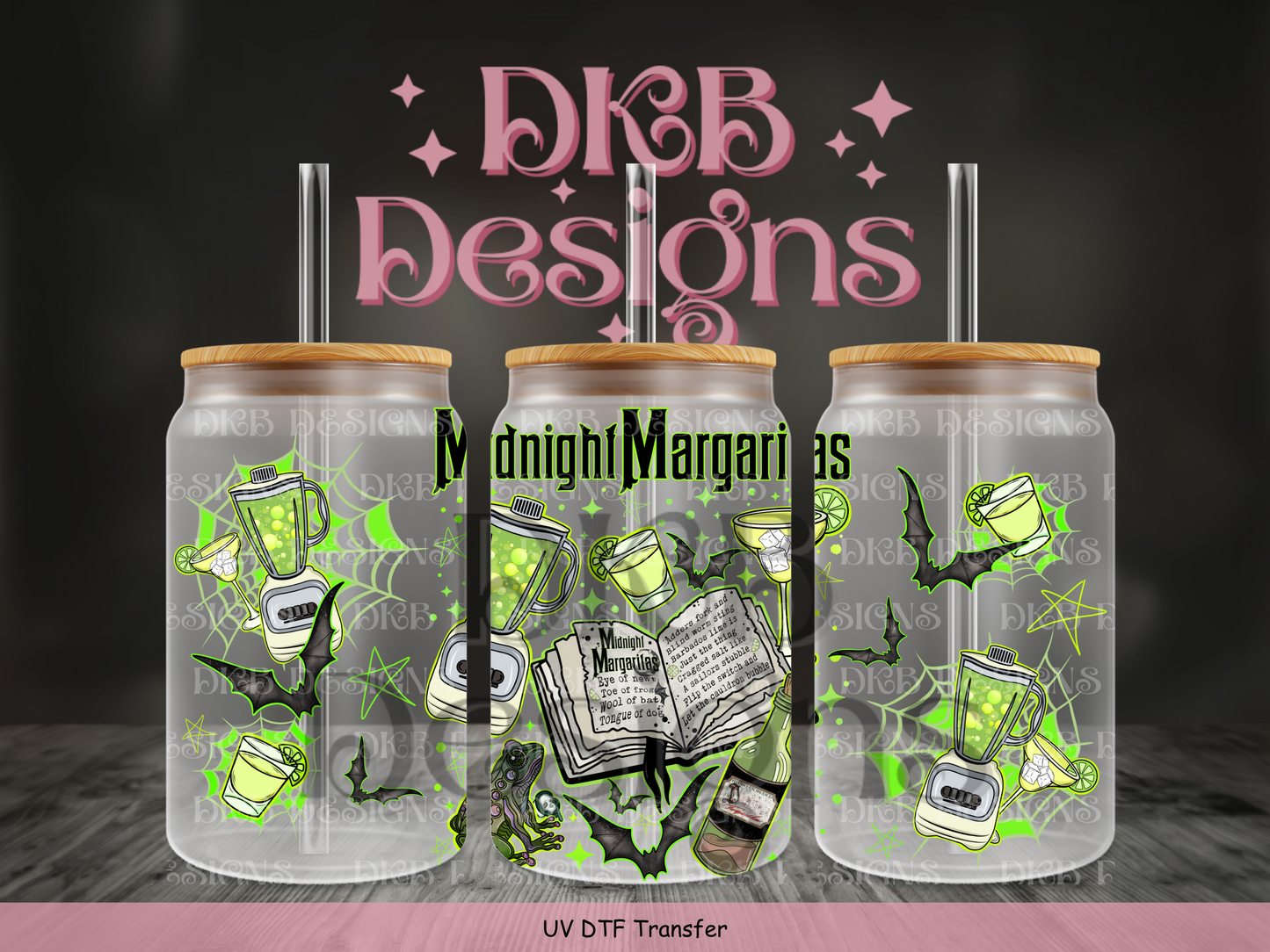 Midnight margaritas (green) 16oz glass can UV DTF