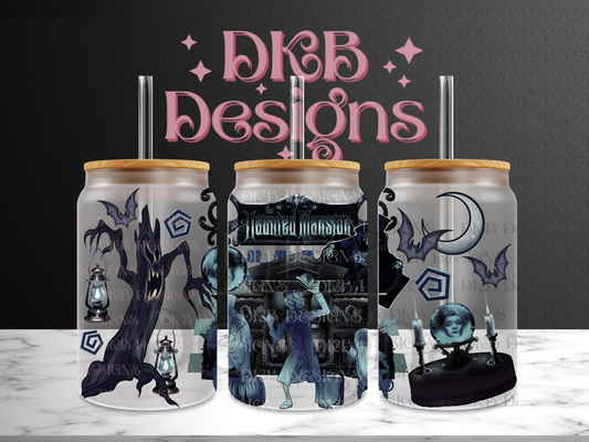 Haunted mansion 16oz glass can UV DTF