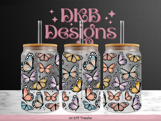 Colorful Butterflies 16oz glass can UV DTF