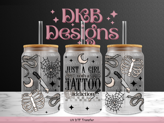 Tattoo Addiction 16oz glass can UV DTF