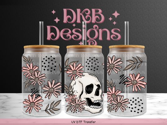 Floral Skull 16oz glass can UV DTF