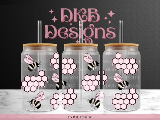 Pink bee 16oz glass can UV DTF