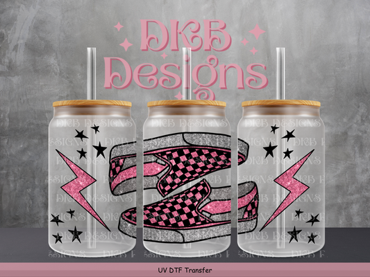 Pink checkered shoes 16oz glass can UV DTF