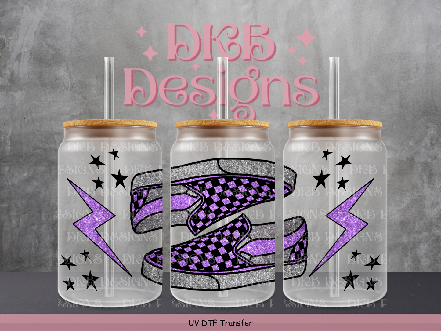 Purple checkered shoes 16oz glass can UV DTF