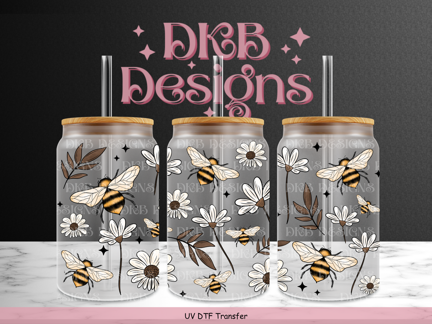 Bees 16oz glass can UV DTF