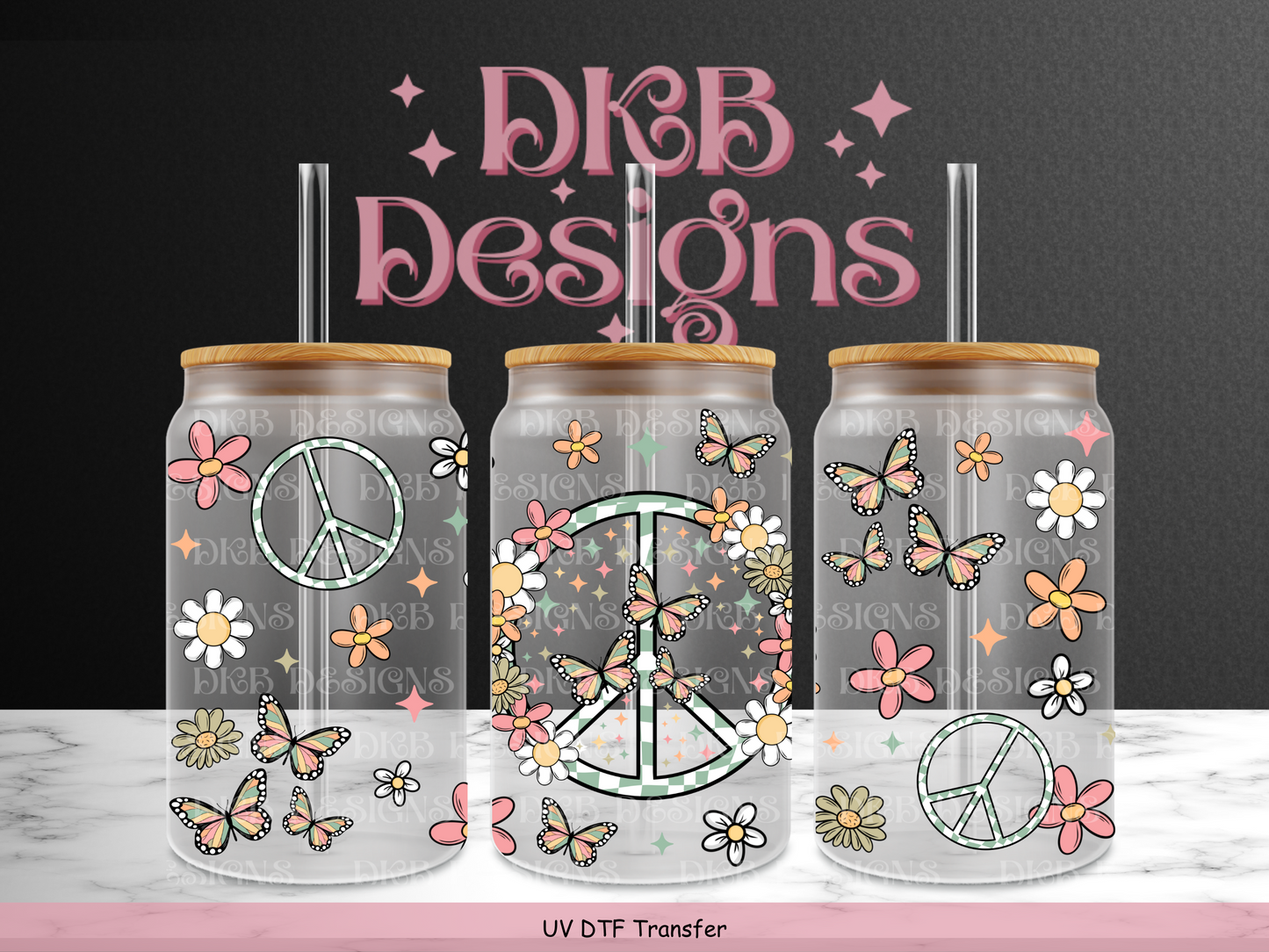 Floral Peace 16oz glass can UV DTF