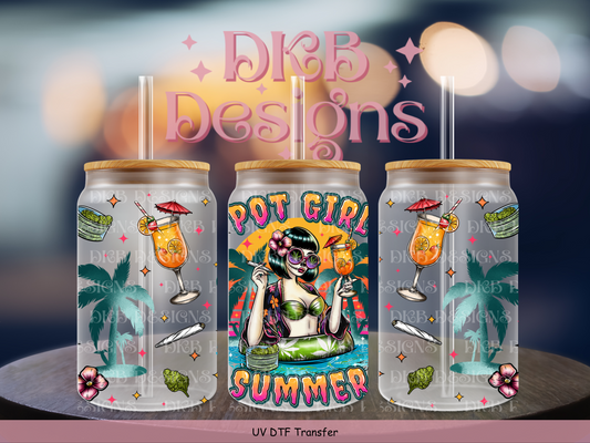 Pot girl summer 16oz glass can UV DTF