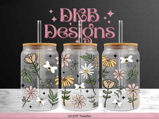 Florals & Bees 16oz glass can UV DTF