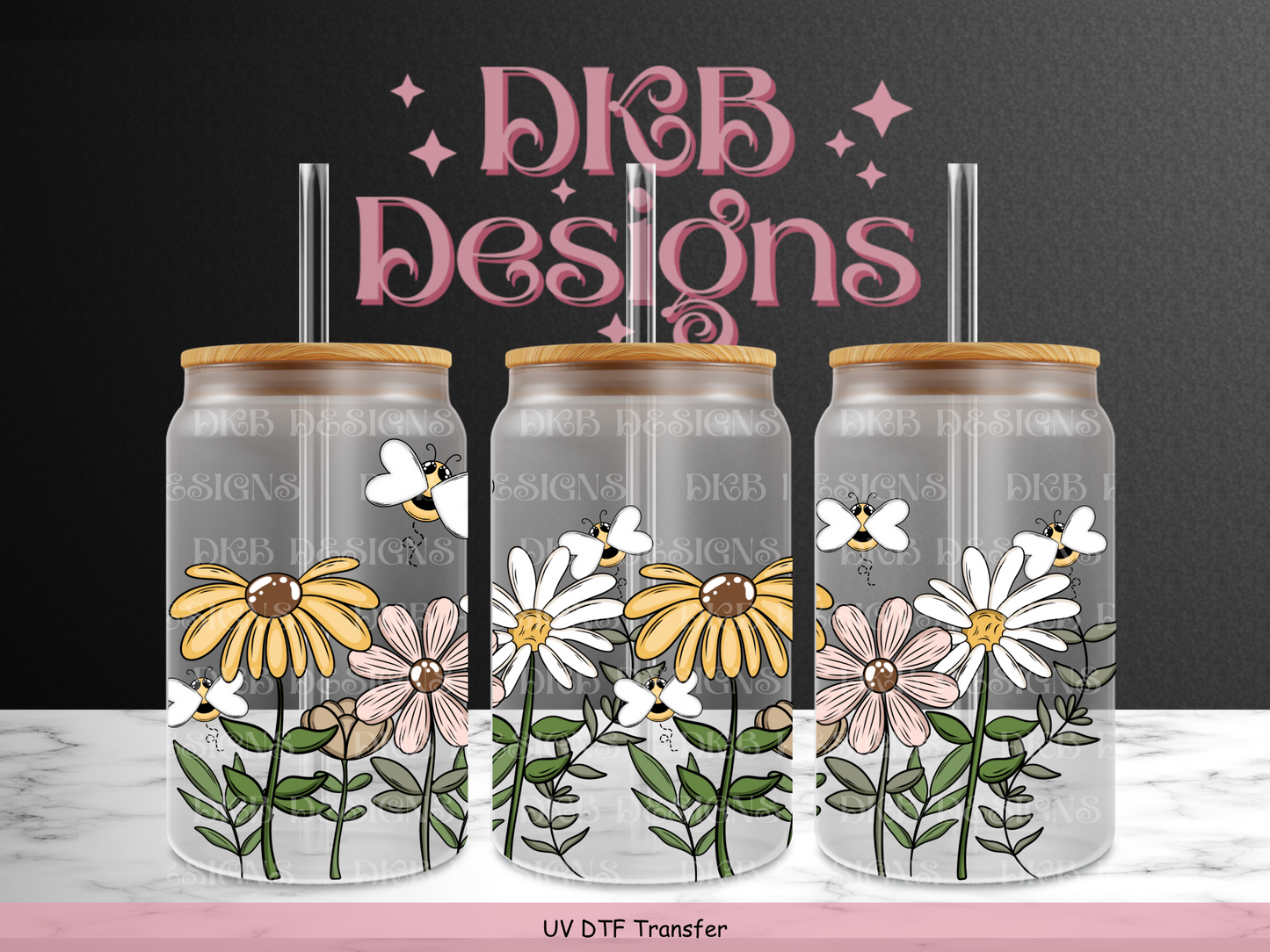 Floral & bee border 16oz glass can UV DTF