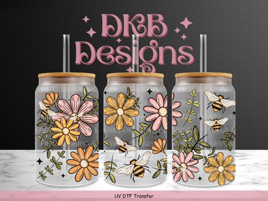 Floral bees 16oz glass can UV DTF