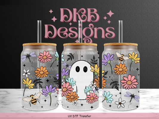 Floral Ghost 16oz glass can UV DTF