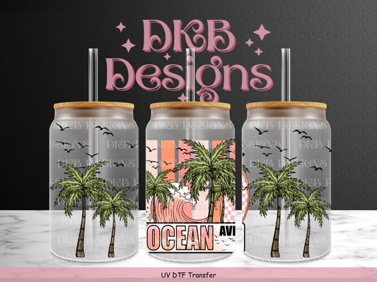 Ocean Ave 16oz glass can UV DTF