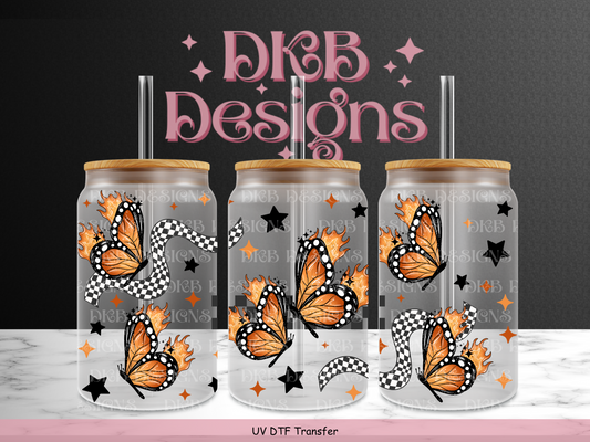 Flaming butterflies 16oz glass can UV DTF