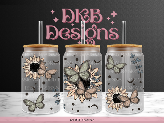 Sunflower butterflies 16oz glass can UV DTF