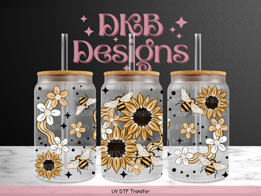 Sunflower bees 16oz glass can UV DTF