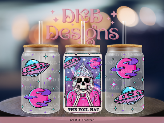 The foil hat 16oz glass can UV DTF