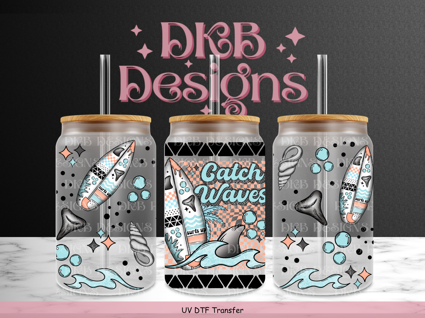 Catch waves 16oz glass can UV DTF