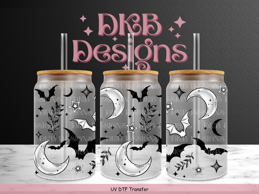 Bats, stars, & white moons 16oz glass can UV DTF