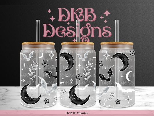 Bats, stars, & moons 16oz glass can UV DTF