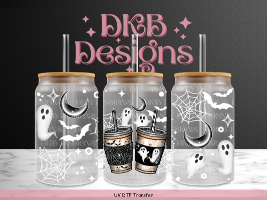 Spooky coffee (white) 16oz glass can UV DTF