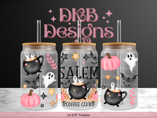 Salem coffee club 16oz glass can UV DTF