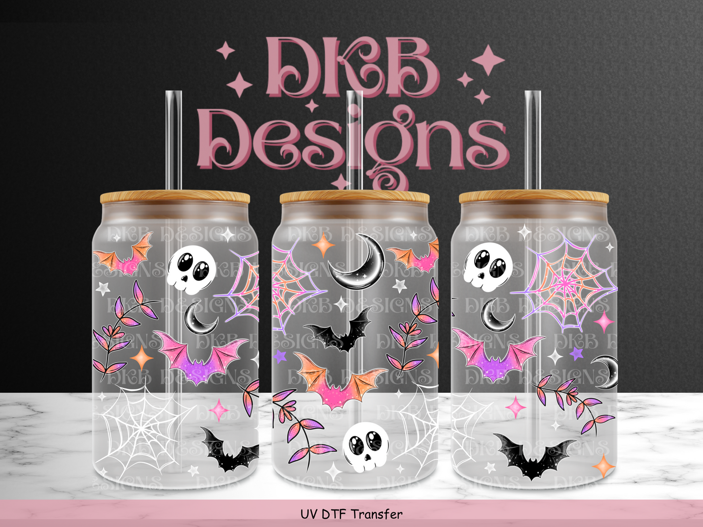 Colorful spooky 16oz glass can UV DTF