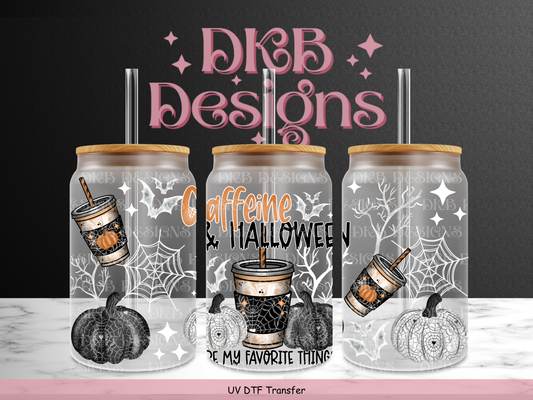 Caffeine & halloween (white) 16oz glass can UV DTF