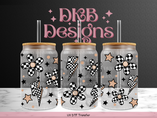 Checkered flowers & bolts 16oz glass can UV DTF