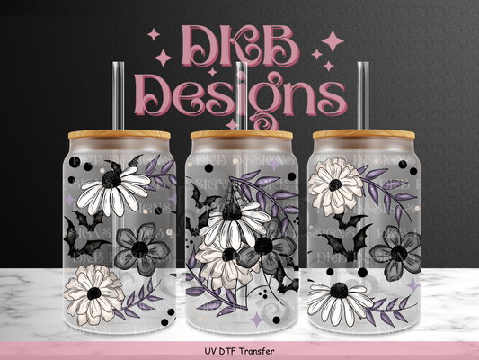 Purple floral bats 16oz glass can UV DTF