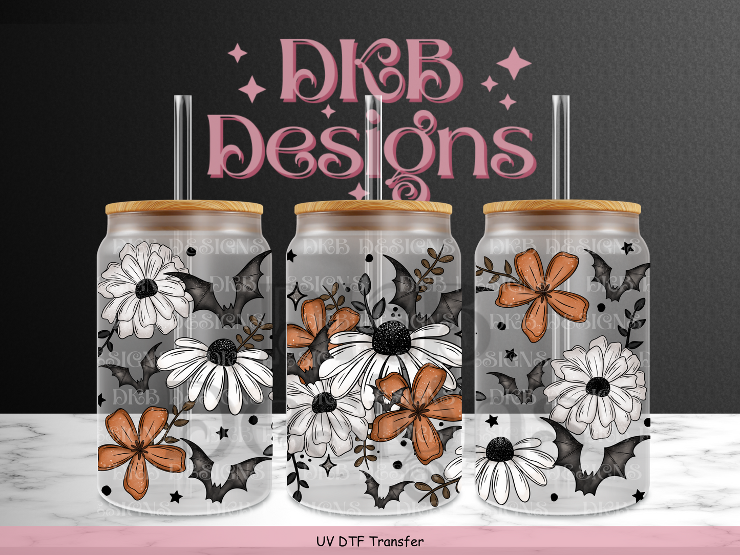 Bat florals 16oz glass can UV DTF