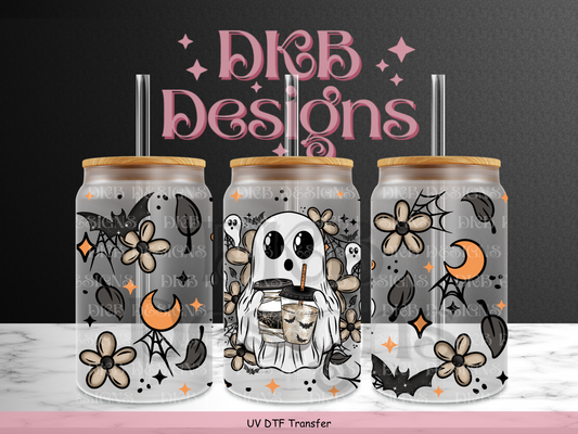 Floral coffee ghost 16oz glass can UV DTF