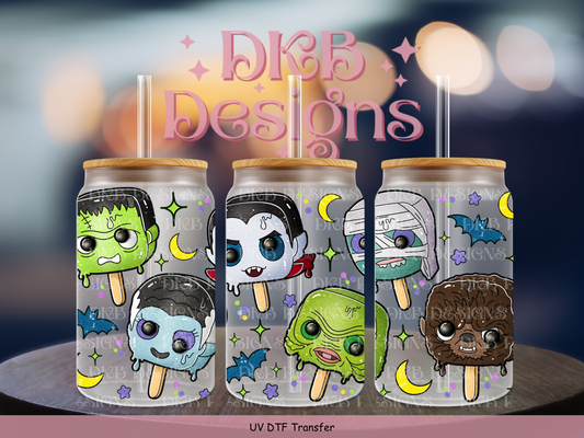 Halloween monster pops 16oz glass can UV DTF