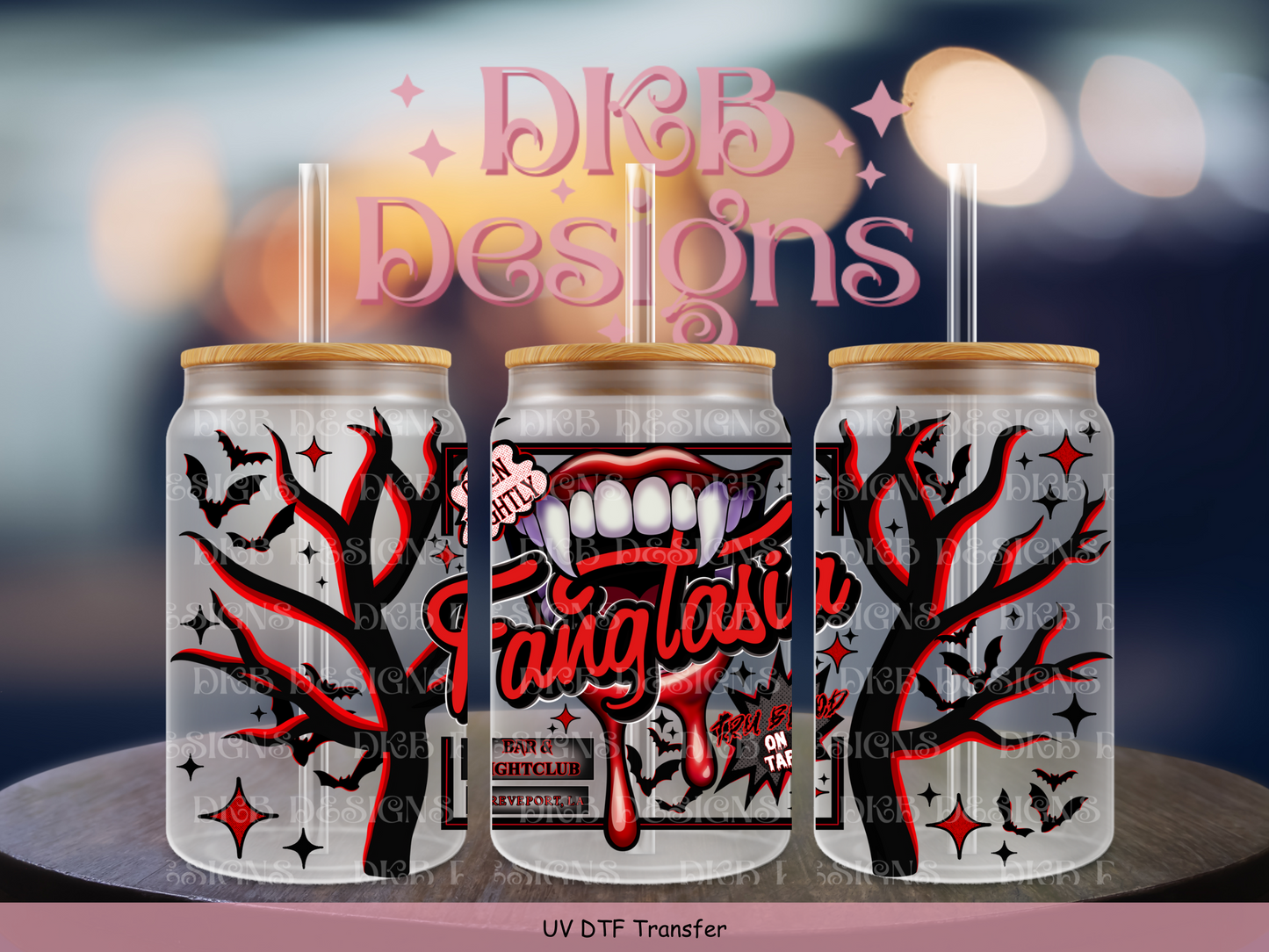 Fangtasia 16oz glass can UV DTF