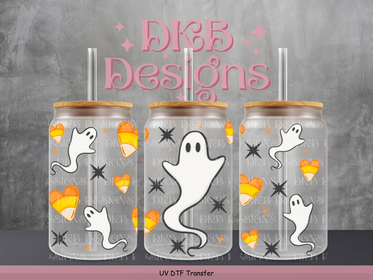 Candy corn ghost 16oz glass can UV DTF