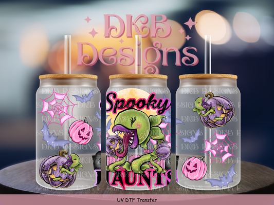 Spooky haunts 16oz glass can UV DTF