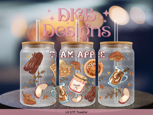 Team apple 16oz glass can UV DTF