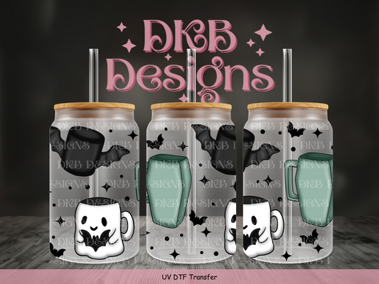 Spooky mugs (green/black)  16oz glass can UV DTF