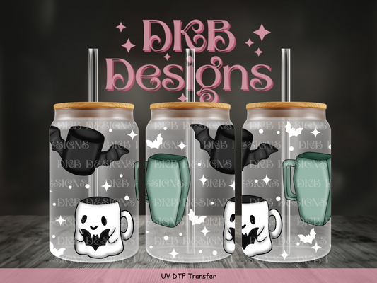 Spooky mugs (green/white)  16oz glass can UV DTF