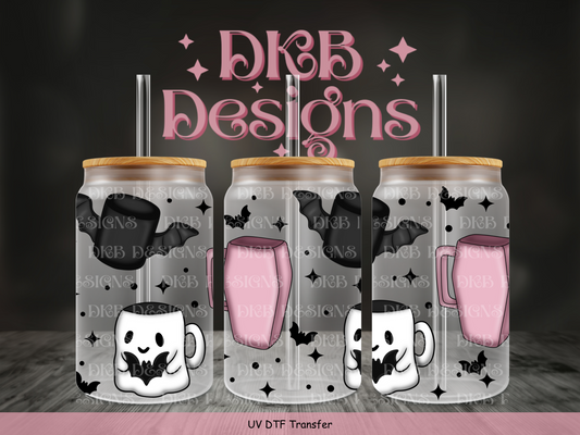 Spooky mugs (pink/black) 16oz glass can UV DTF