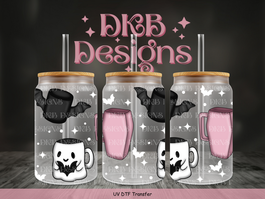 Spooky mugs (pink/white)  16oz glass can UV DTF