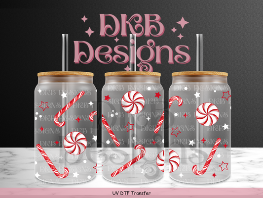 Candy cane 16oz glass can UV DTF